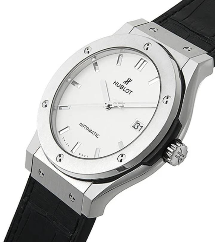 "Hublot Classic Fusion — White Dial                           (steel, black leather strap)"
