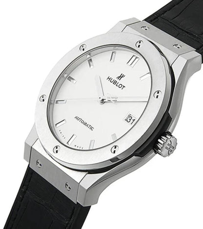 "Hublot Classic Fusion — White Dial                           (steel, black leather strap)"