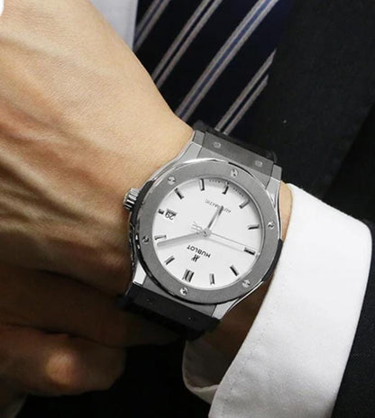 "Hublot Classic Fusion — White Dial                           (steel, black leather strap)"