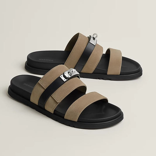 Hermès "Jackson" Sandal — Taupe/Black