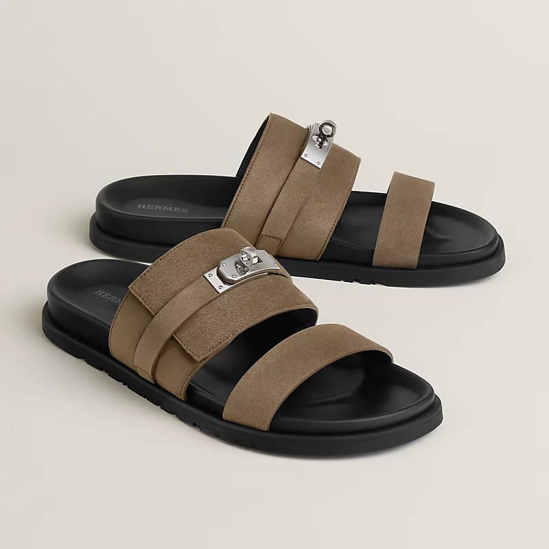 Hermès "Jackson" Sandal — Brown Suede/Black
