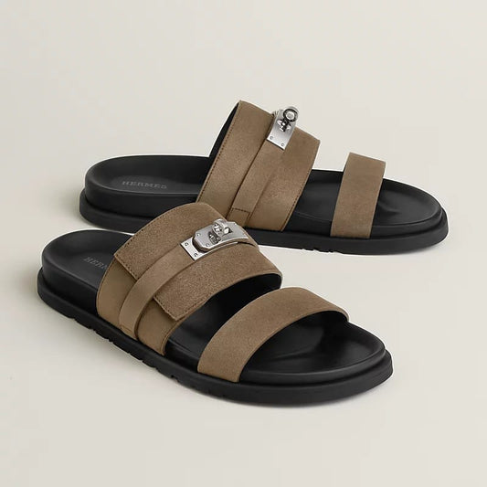 Hermès "Jackson" Sandal — Brown Suede/Black