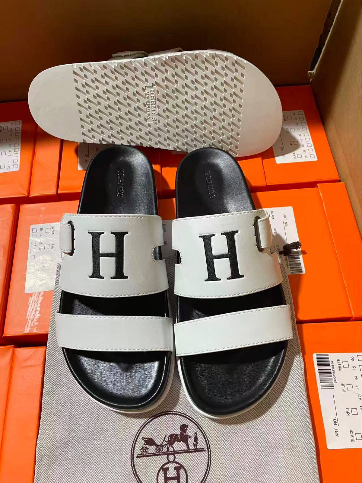 Hermès Chypre Double-Strap Slides "White/Black"