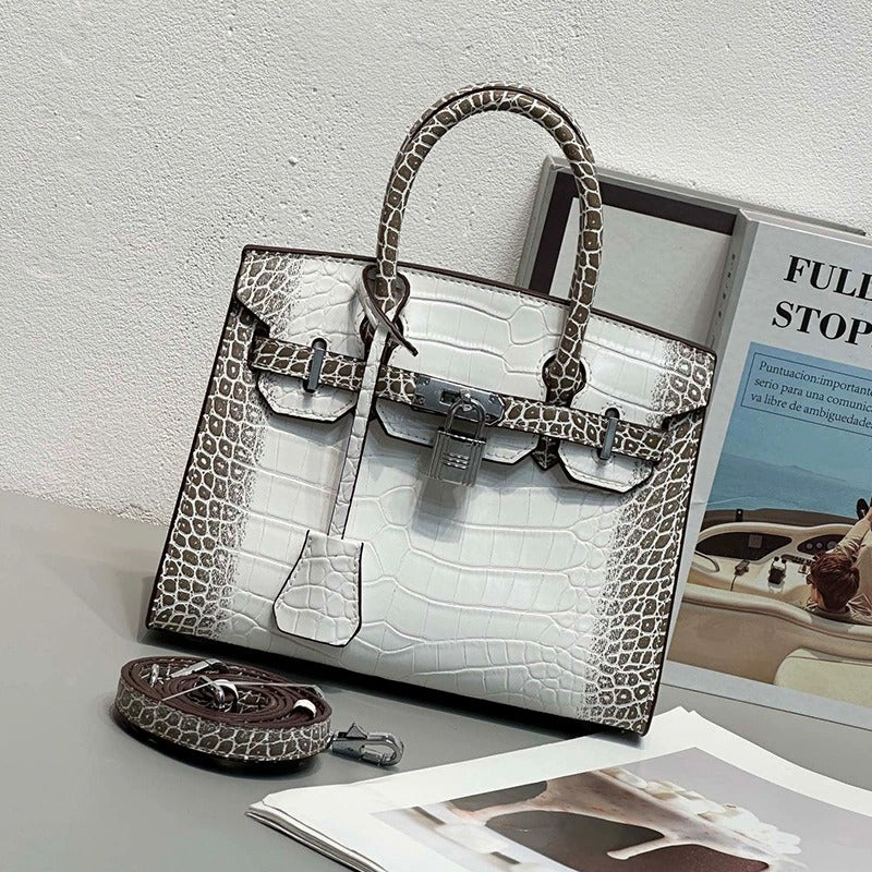 "Hermes Frosted Himalaya Croc-Embossed Tote Bag — White & Grey"