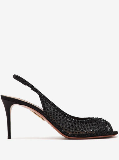 Aquazzura "Black" Crystal-Embellished Mesh Slingback