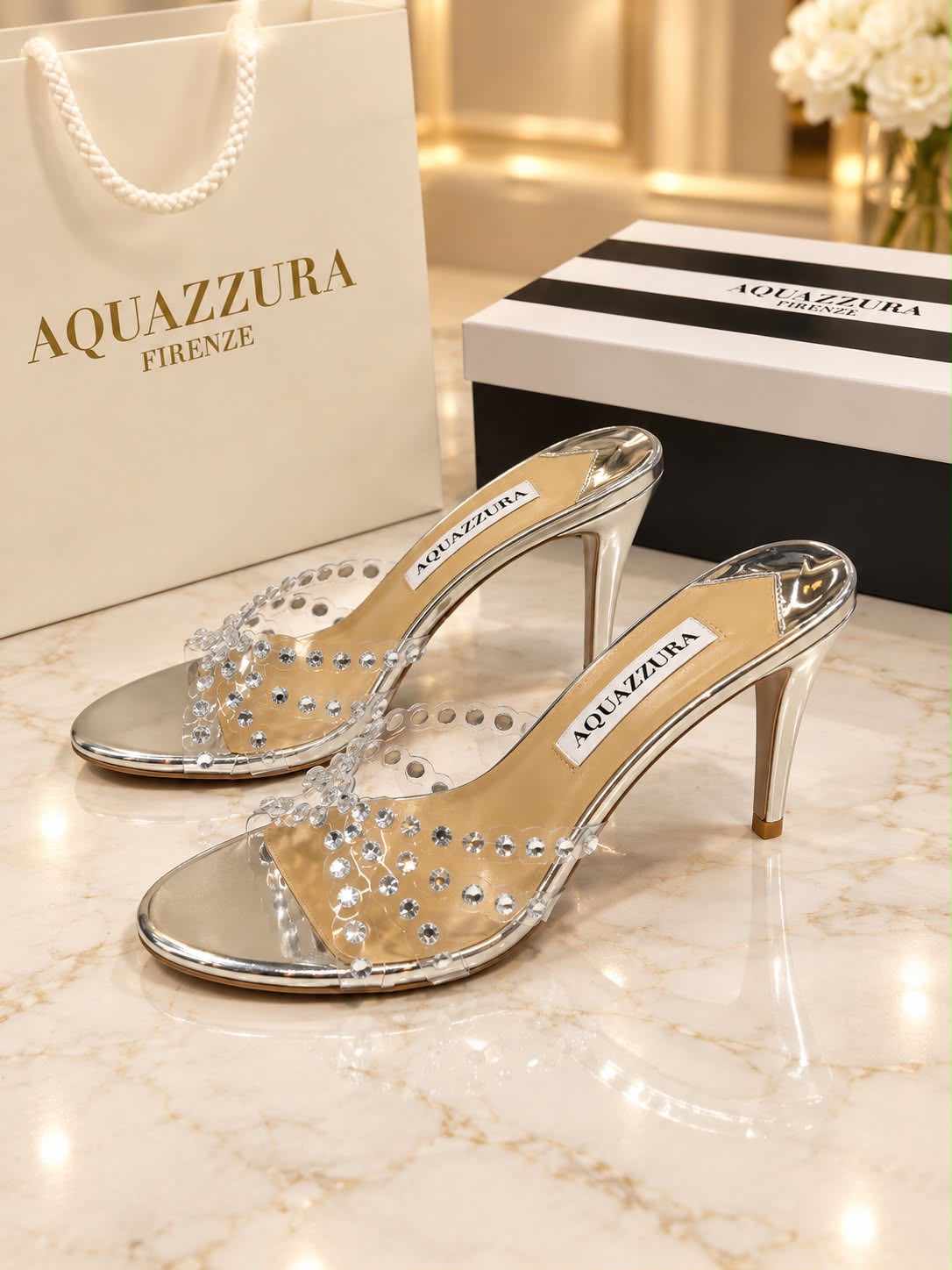 AQUAZZURA Crystal-Embellished Stiletto Mules "Silver"