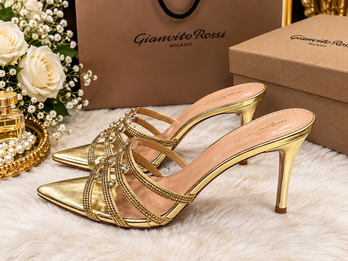 Gianvito Rossi  Crystal-Embellished Strappy Mule Sandals "Gold"