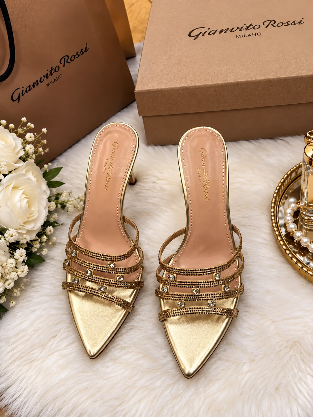 Gianvito Rossi  Crystal-Embellished Strappy Mule Sandals "Gold"