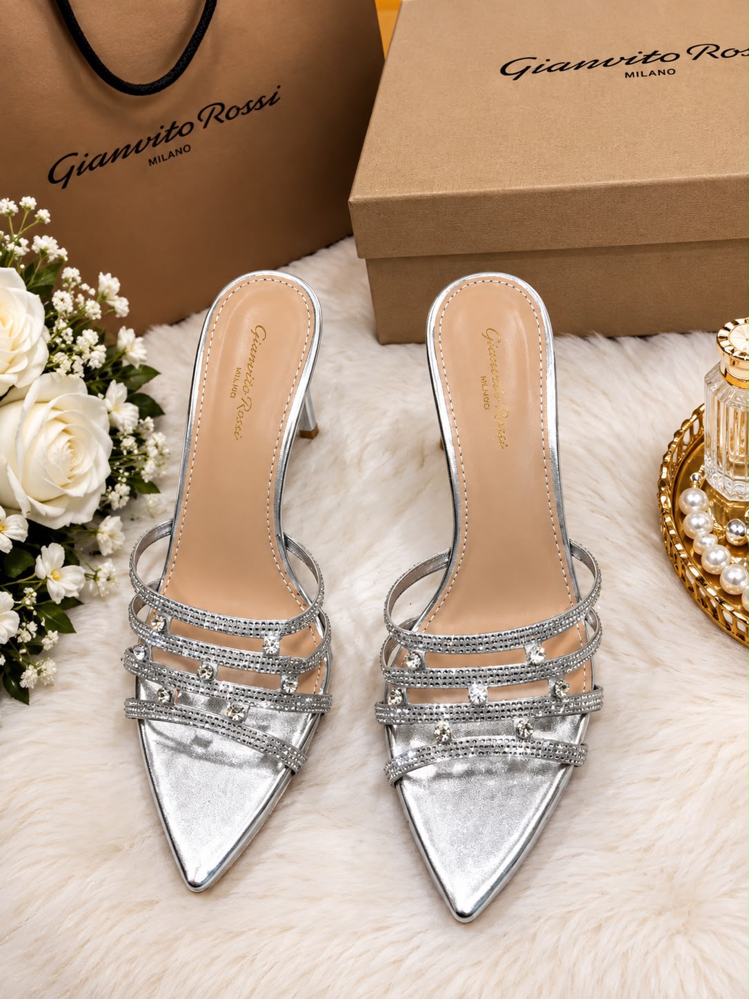 Gianvito Rossi  Crystal-Embellished Strappy Mule Sandals "silver"
