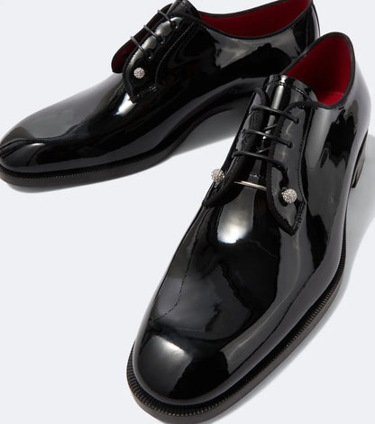 Christian Louboutin "Black" Patent Leather Lace-Up Derby Shoes with Crystal Studs