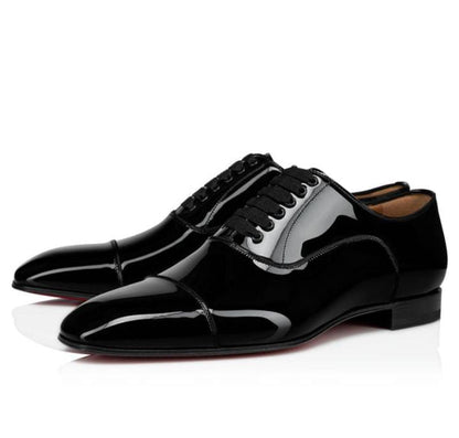 Christian Louboutin Glossy "Black" Patent Cap-Toe Tuxedo Shoes with Satin Laces