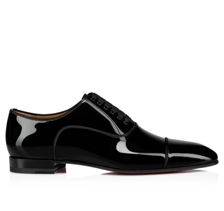 Christian Louboutin Glossy "Black" Patent Cap-Toe Tuxedo Shoes with Satin Laces