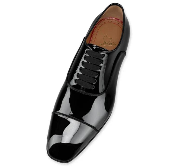 Christian Louboutin Glossy "Black" Patent Cap-Toe Tuxedo Shoes with Satin Laces