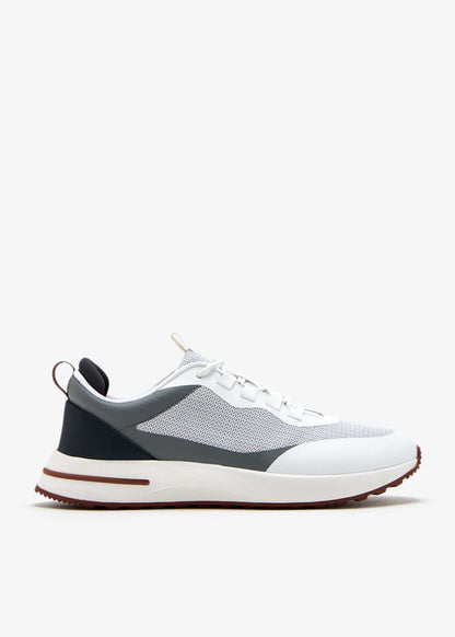 Loro Piana Week-End Walk "White and Light Gray" Mesh Leather Sneakers