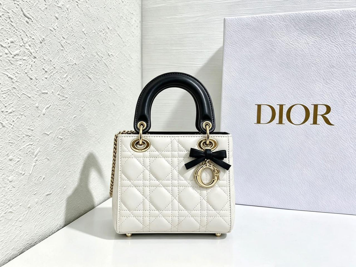 Dior Lady-Style Mini Handbag 
"Black/White /Gold-Tone Charms"