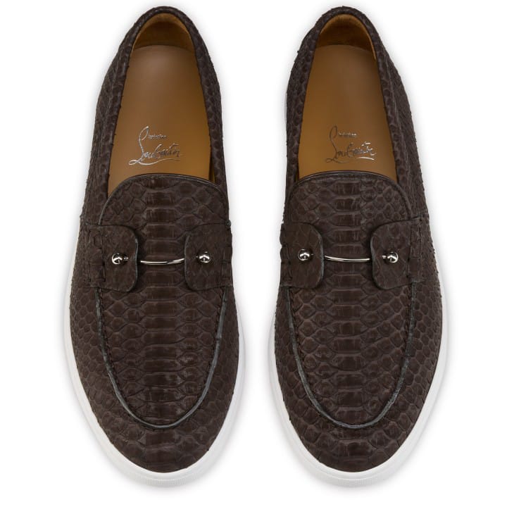 Christian Louboutin Slip-On Embossed Leather Loafers – Dark Brown with White Sole,