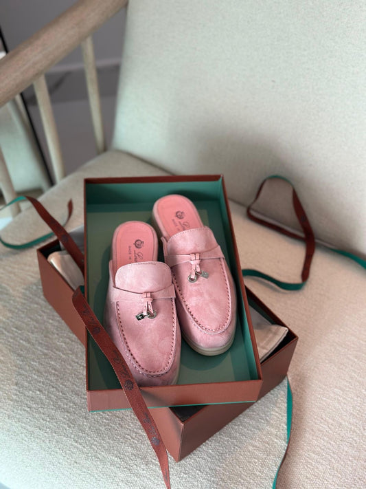 Loro Piana Women's Pink Suede Mule Loafers – Backless Slip-On Flats