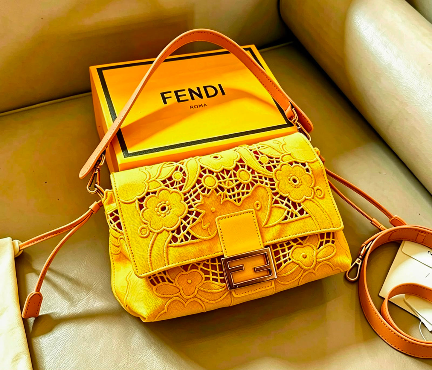 Fendi Yellow Floral Lace Embroidered Baguette Bag
