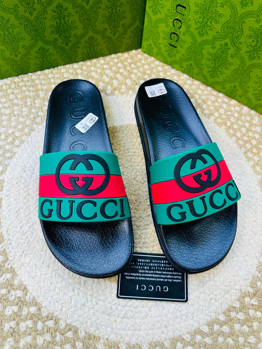 Gucci Men's Black Rubber Slide Sandals – GG Logo Green-Red Web Stripe Slippers
