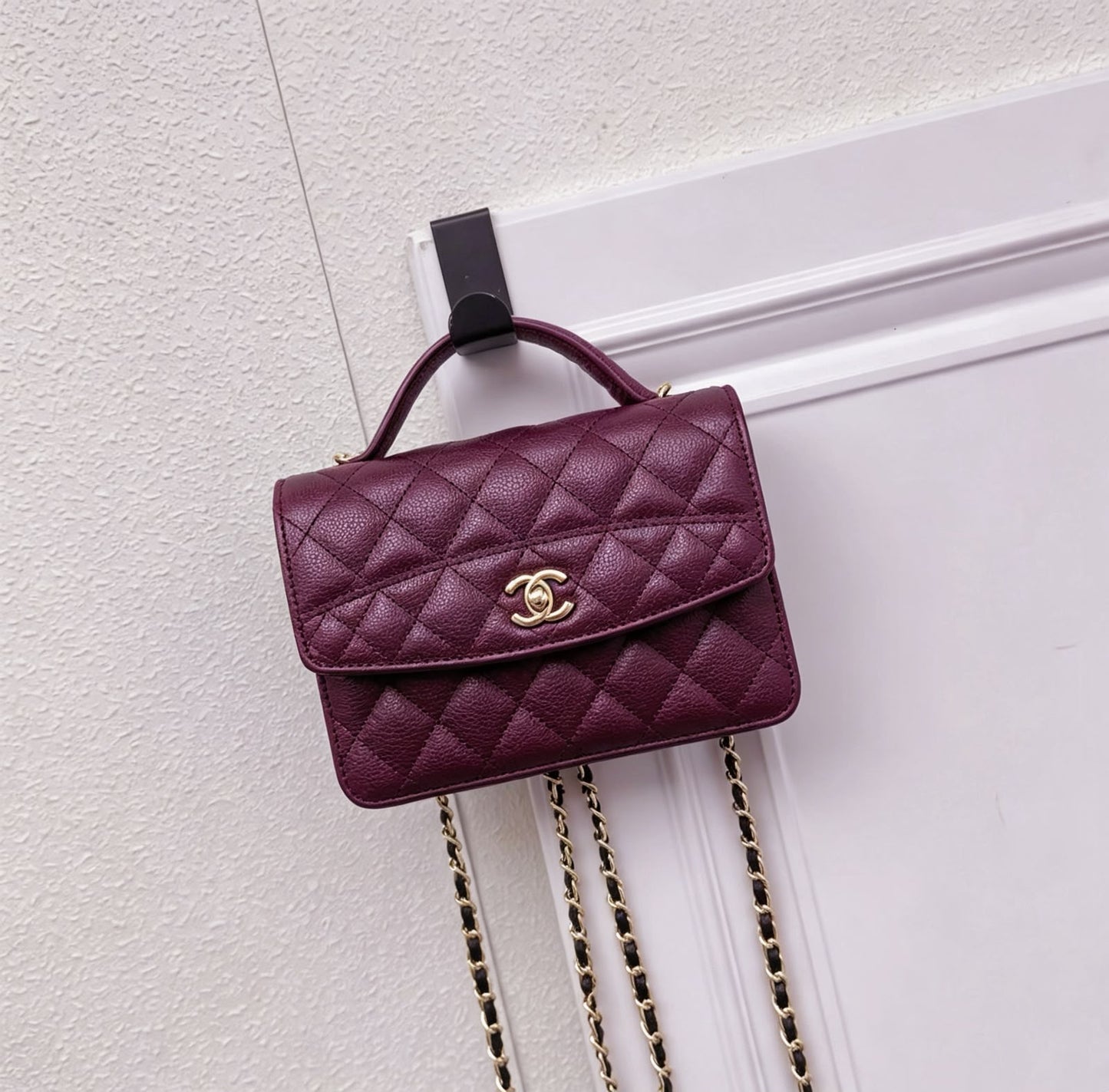 Channel-Burgundy Quilted Top Handle Bag with Gold Chain Strap