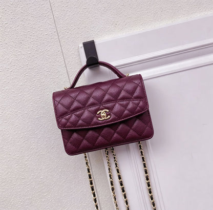 Channel-Burgundy Quilted Top Handle Bag with Gold Chain Strap