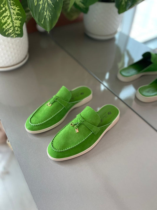 Loro Piana Women's Green Suede Mule Loafers – Backless Slip-On Flats