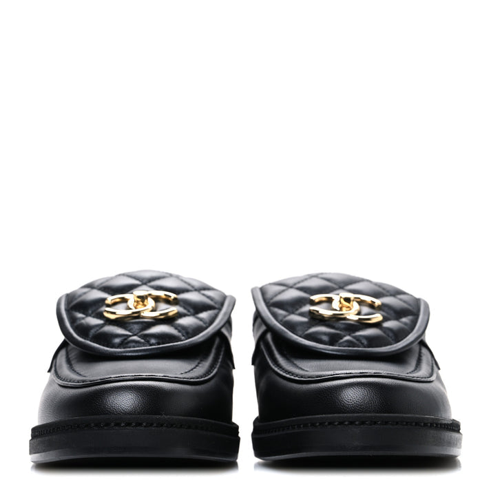 Channel Black Quilted Leather Flat Mule Slides