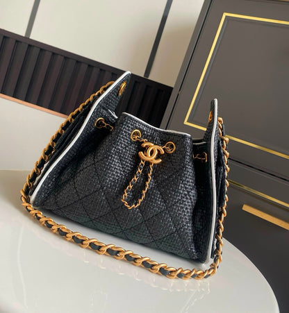 Channel Black Woven Quilted Bucket Bag.