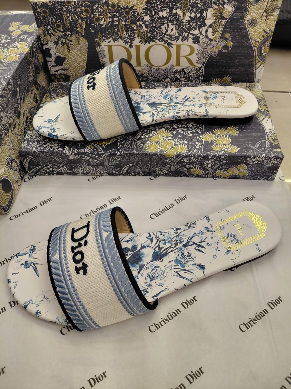 Christian Dior Floral Toile Woven Slide Sandals – Blue & Cream