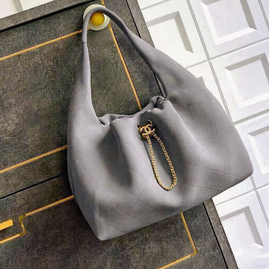 Channel Grey Quilted Suede Hobo Bag with Chain Detail