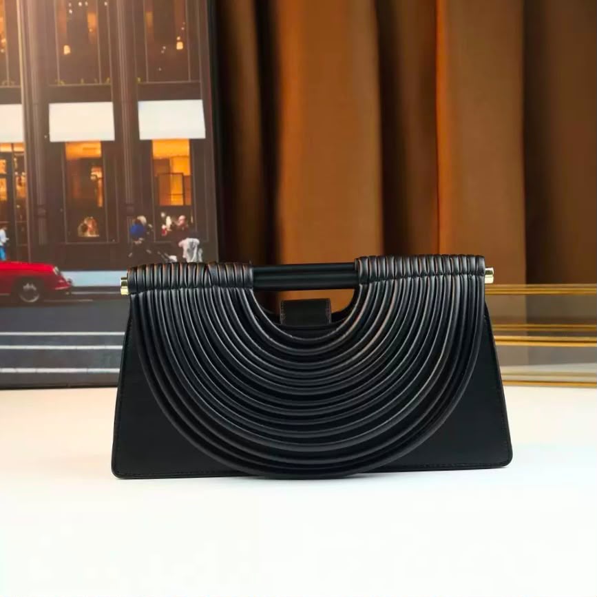 Bottega Black Ribbed Arch Handle Clutch Bag for womens