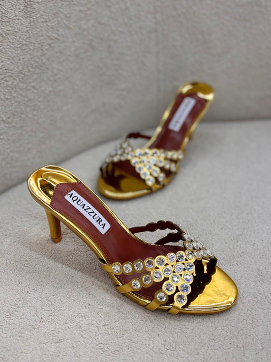 Gold Crystal-Embellished Aquazzura-Heeled Sandals