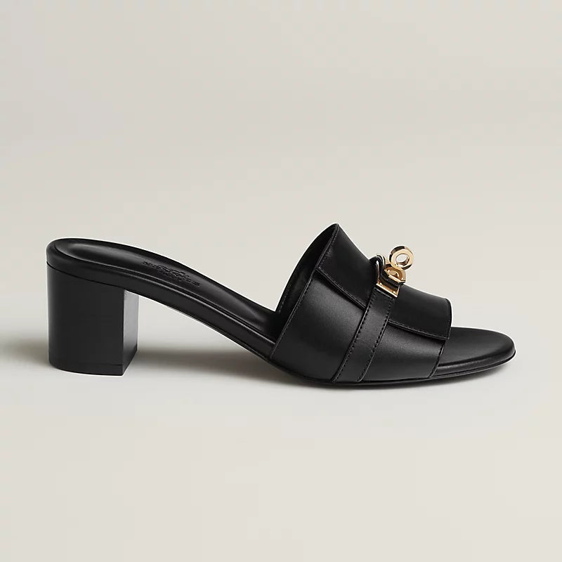 Black Leather Slide Sandals with Silver Buckle – Hermès