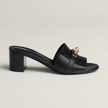 Black Leather Slide Sandals with Silver Buckle – Hermès