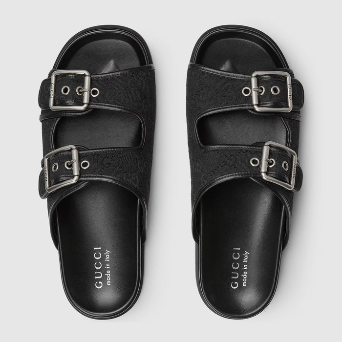 Gucci Double Buckle Suede Slide Sandals black