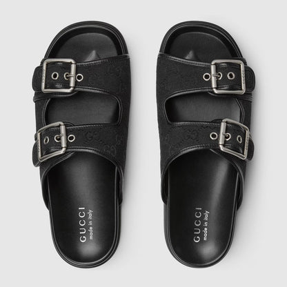 Gucci Double Buckle Suede Slide Sandals black