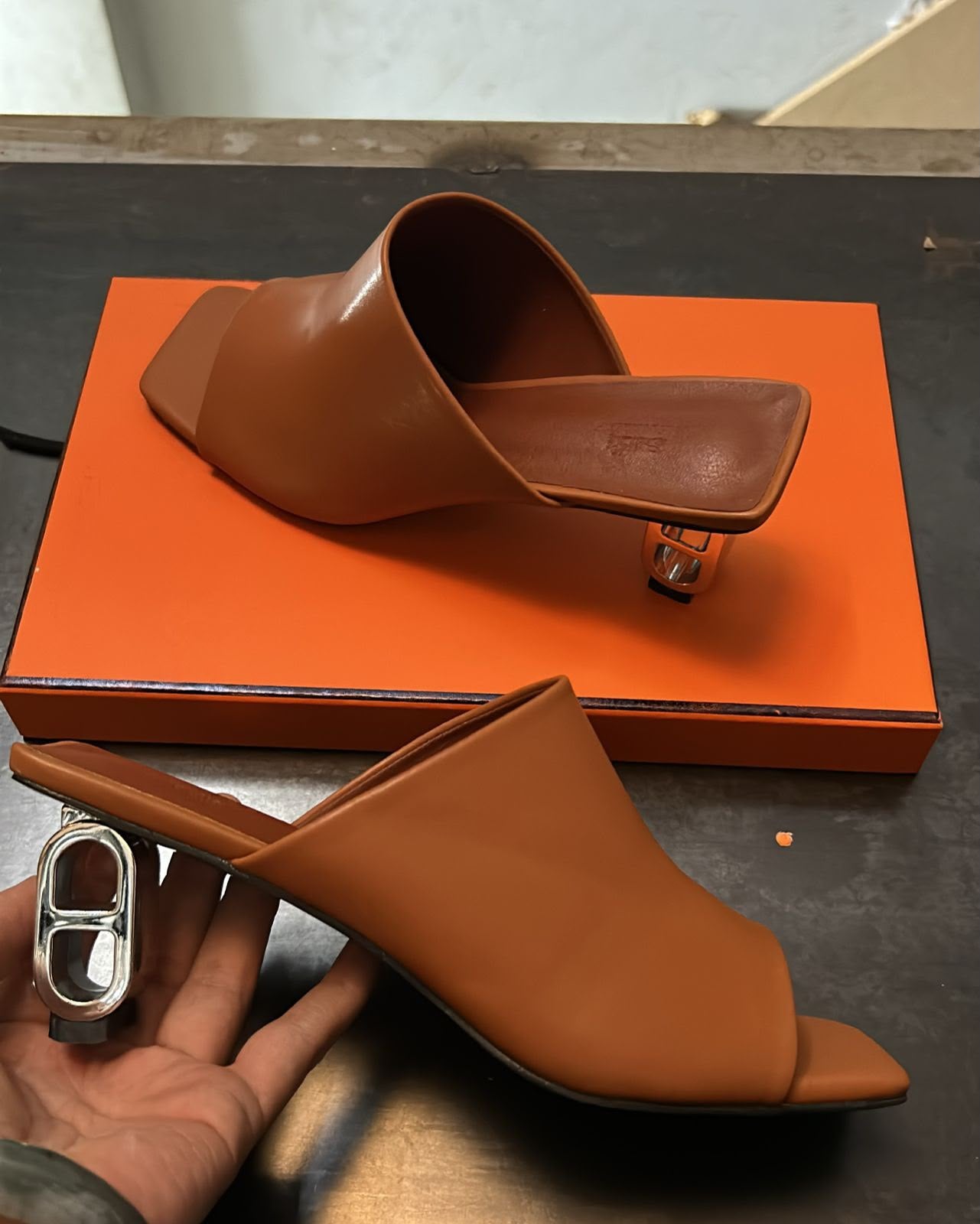 Hermès Cognac Leather Chain-Link Sculptural Heels