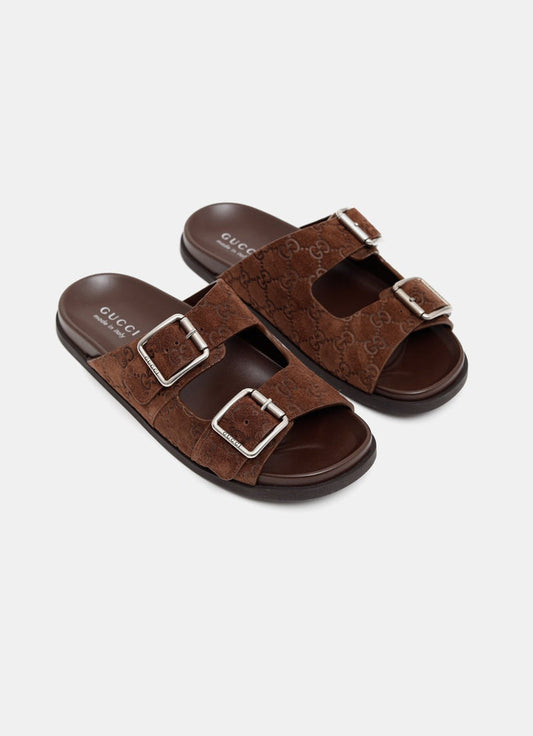 Gucci Double Buckle Suede Slide Sandals