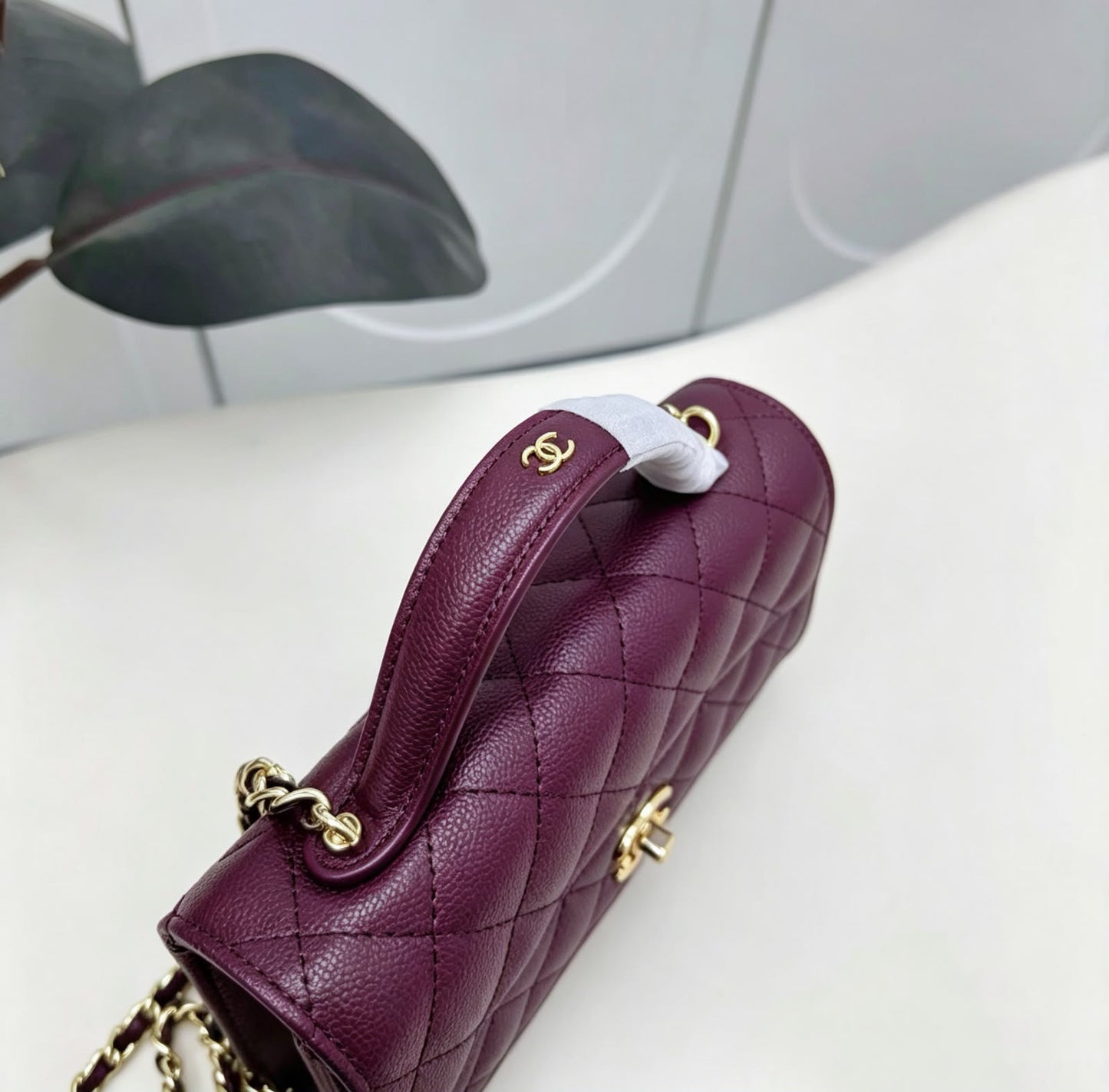 Channel-Burgundy Quilted Top Handle Bag with Gold Chain Strap