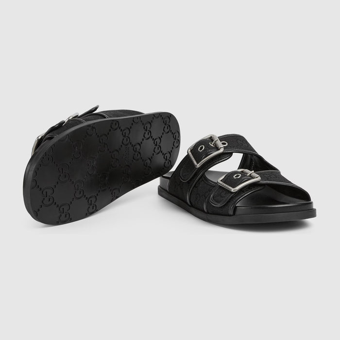 Gucci Double Buckle Suede Slide Sandals black