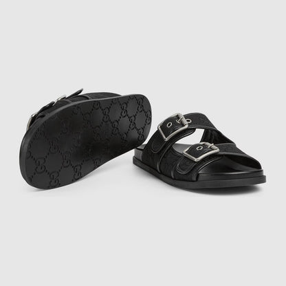 Gucci Double Buckle Suede Slide Sandals black
