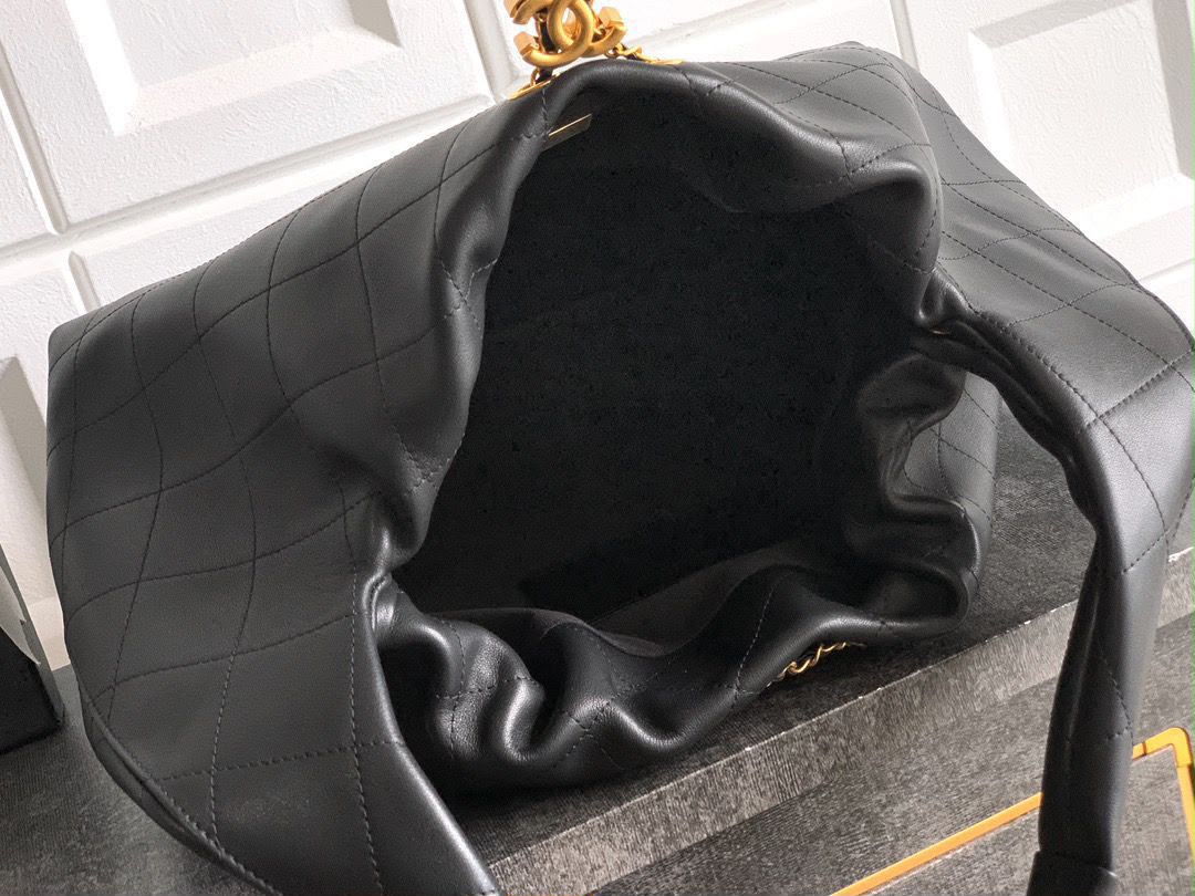 Channel Black Quilted Leather Hobo Bag with Chain Detail
