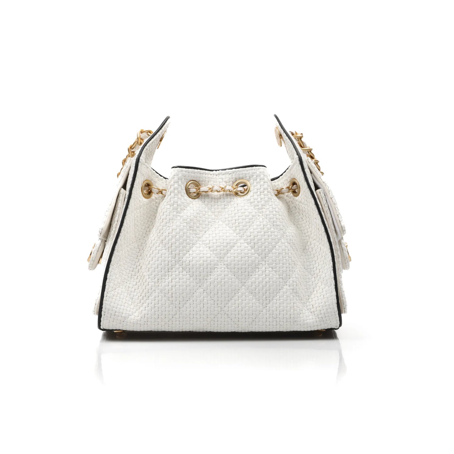 Channel White Woven Quilted Bucket Bag