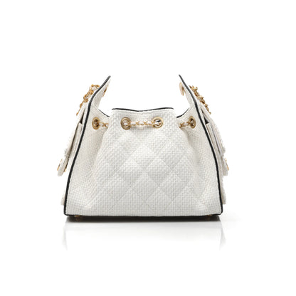 Channel White Woven Quilted Bucket Bag