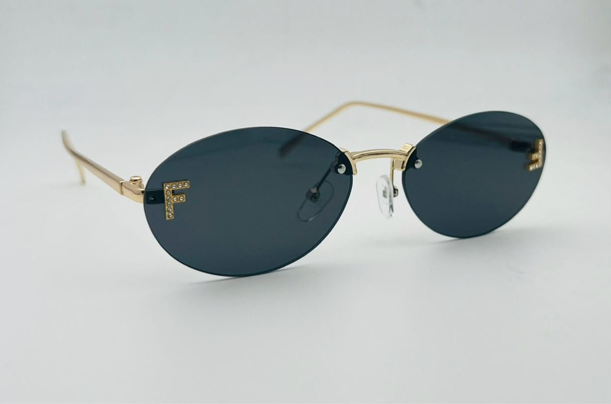 Fendi Style Gold Rimless Oval Sunglasses for Women – Black Lens,