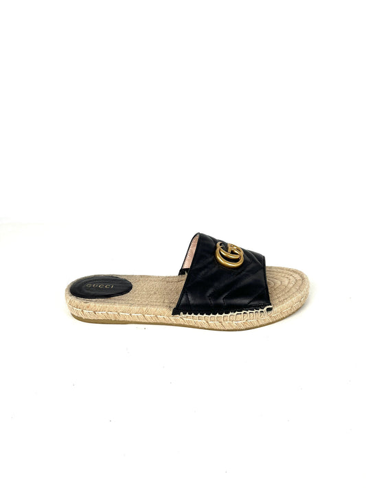 Gucci GG Marmont Black Quilted Leather Espadrille Slide Sandals