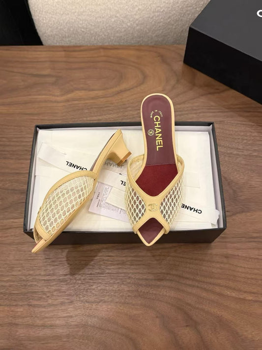 Chanel Beige Mesh Open-Toe CC- Inspired Mule Sandals