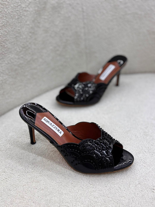 Black Crystal Embellished Heeled Sandals