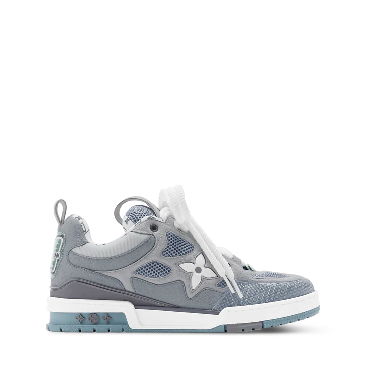 Grey & Steel Blue LV-Inspired Flower Skate Sneakers