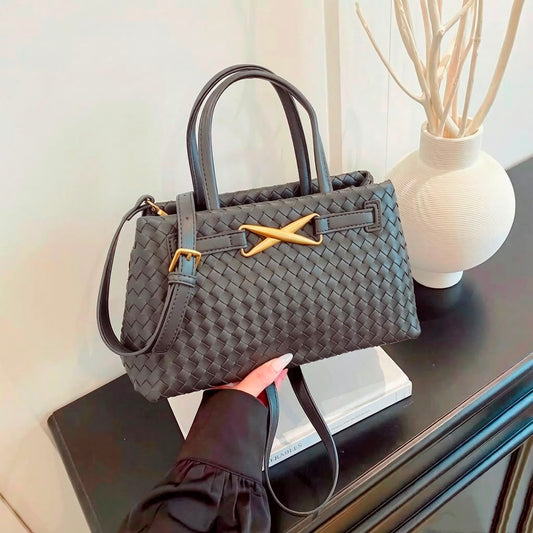 Charcoal Woven Leather Bottega-Inspired Tote Bag